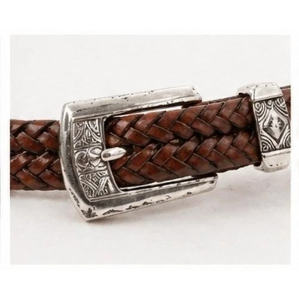 Brighton Brown Braided Leather‎ Belt Silver Engraved Buckle Southwestern Size 32